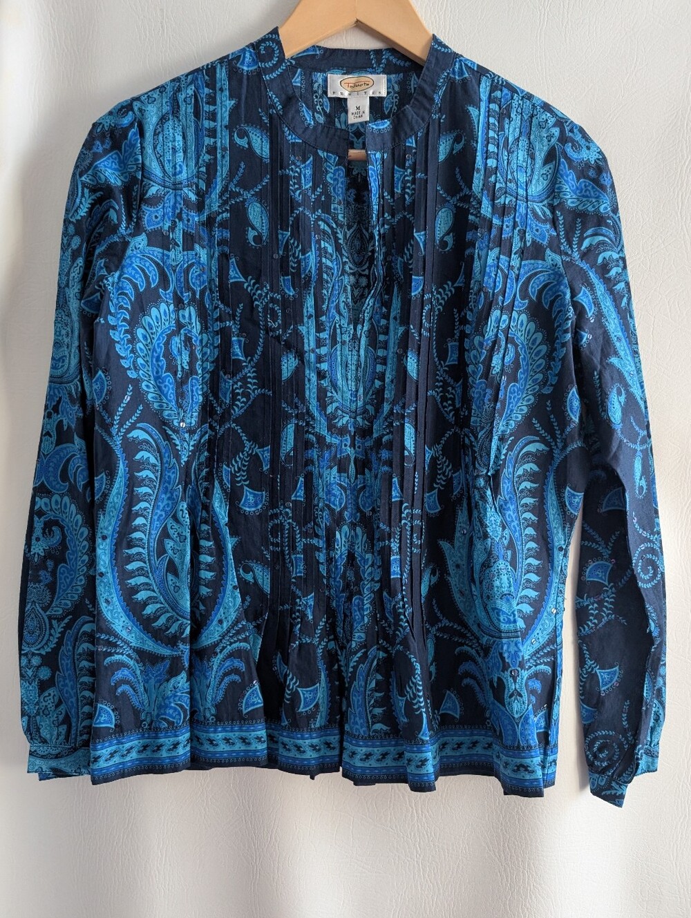 Talbots Cotton Navy and Teal Paisley Sequin Detail Pintuck Blouse - Petite M